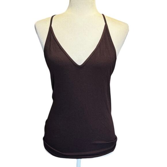 Enza Costa Knit V Racer Tank Top Brown Small Ribbed Minimalist Y2K - Picture 1 of 4